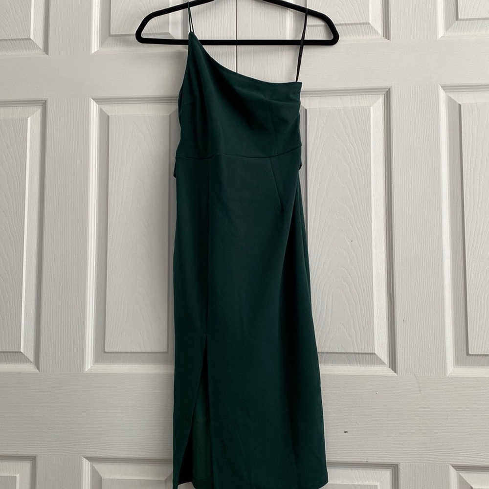 Hello Molly Mid Length, Single Shoulder dress, emerald green